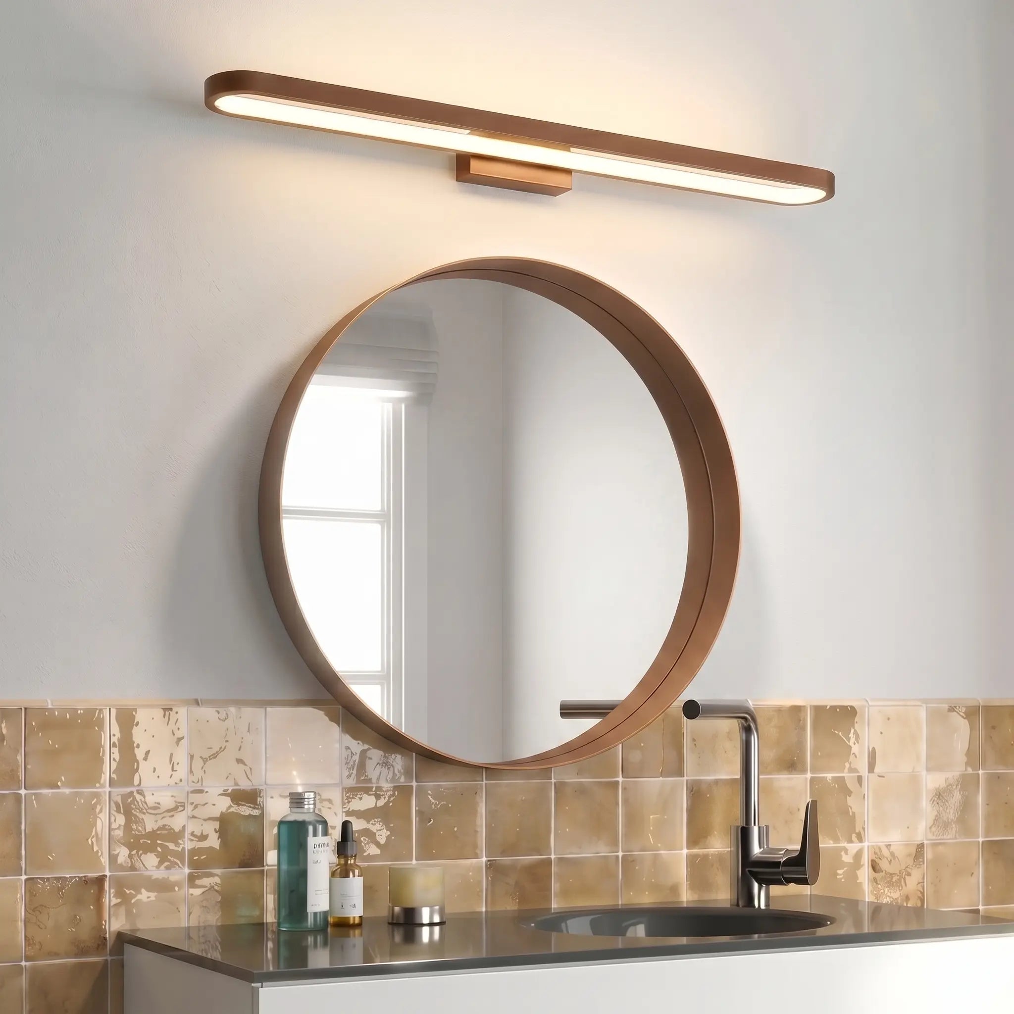 Luminaire miroir LED design épuré marron salle d'eau – Image 3