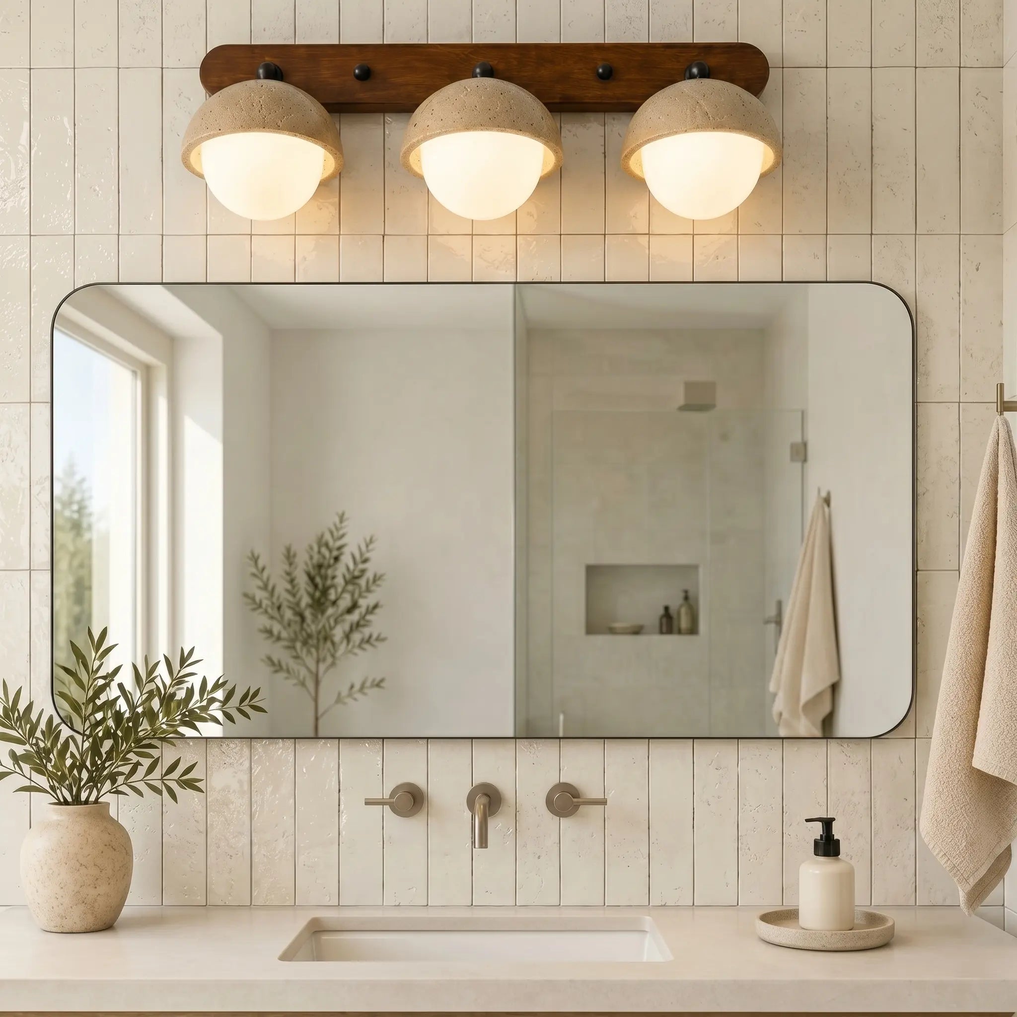 Éclairage miroir travertin bois naturel ambiance zen – Image 5