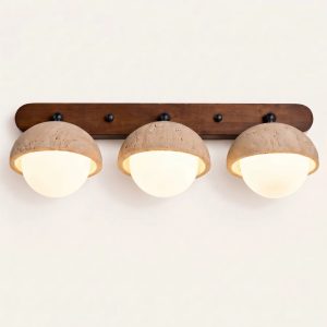 Éclairage miroir travertin bois naturel ambiance zen
